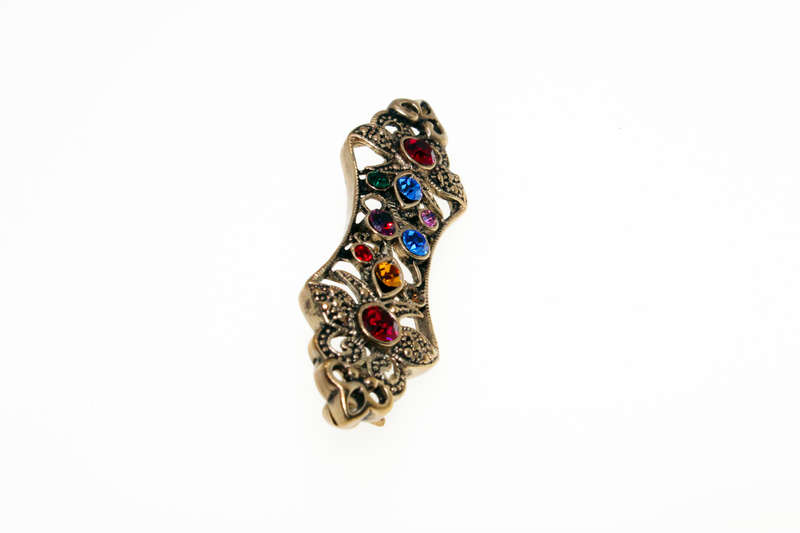 Brooch - Vintage Gold Tone Filigree with Flowers and Coloured Rhinestones - ML2418