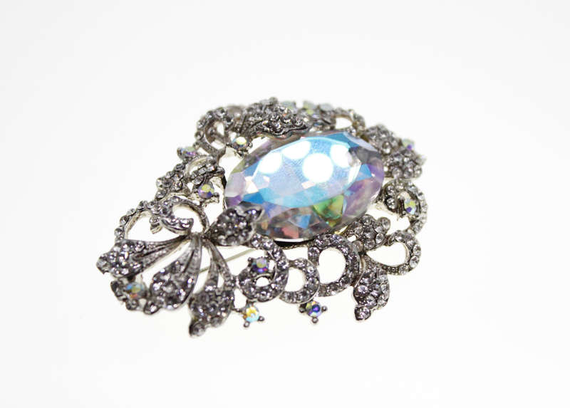 Brooch - Vintage Silver Tone Floral Style with Large Centre Stone,Marcasite and Rhinestones - ML2425