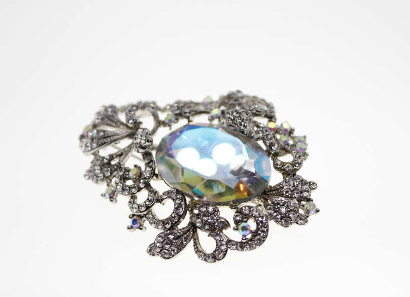 Brooch - Vintage Silver Tone Floral Style with Large Centre Stone,Marcasite and Rhinestones - ML2425