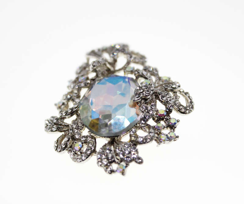 Brooch - Vintage Silver Tone Floral Style with Large Centre Stone,Marcasite and Rhinestones - ML2425