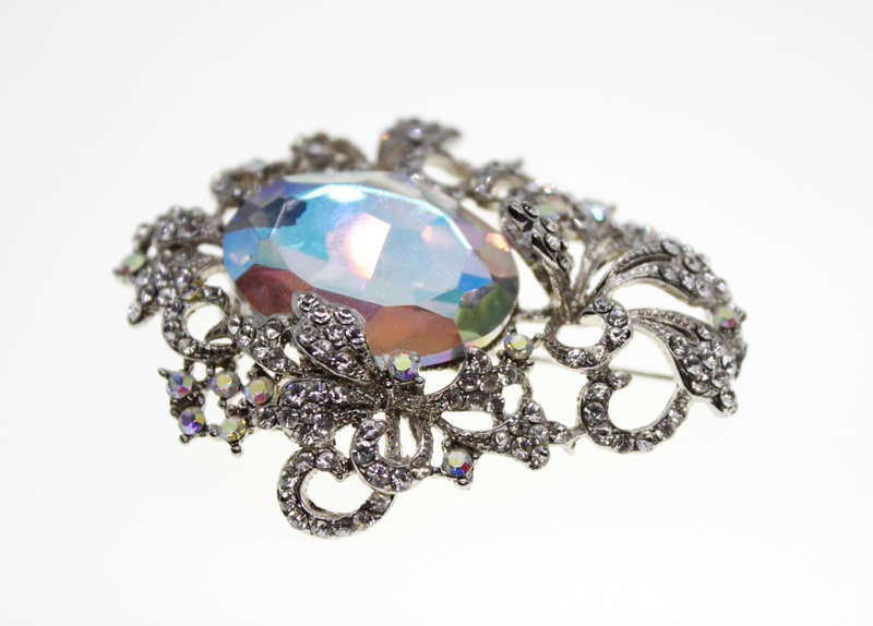 Brooch - Vintage Silver Tone Floral Style with Large Centre Stone,Marcasite and Rhinestones - ML2425