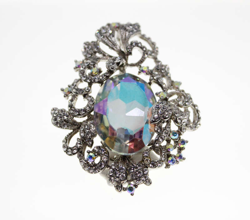 Brooch - Vintage Silver Tone Floral Style with Large Centre Stone,Marcasite and Rhinestones - ML2425