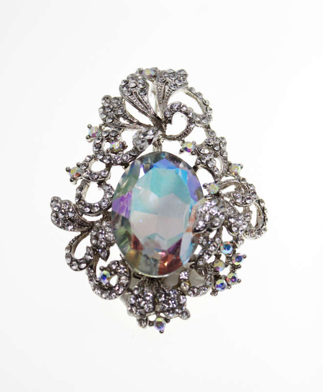 Brooch - Vintage Silver Tone Floral Style with Large Centre Stone,Marcasite and Rhinestones - ML2425