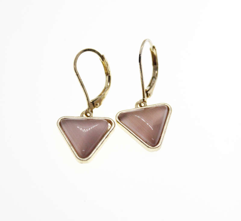 Earrings - Vintage Gold Tone Triangle Shape Pink Glass Stone for Pierced Ears - ML2427