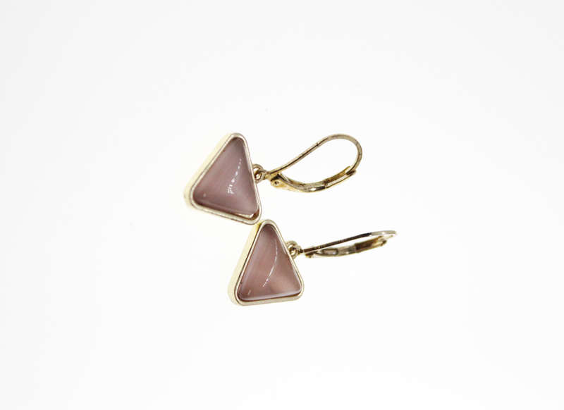 Earrings - Vintage Gold Tone Triangle Shape Pink Glass Stone for Pierced Ears - ML2427