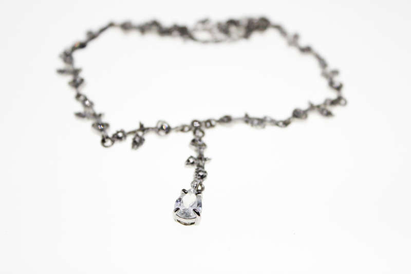 Necklace - Vintage Silver Tone with Diamantes with Leaves and Flowers and Hanging Teardrop - ML2429