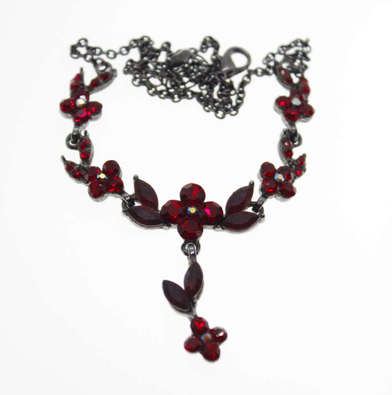 Necklace - Vintage Necklace Red Flowers and Leaves Trailing Drop red flower and Leaves - ML2433
