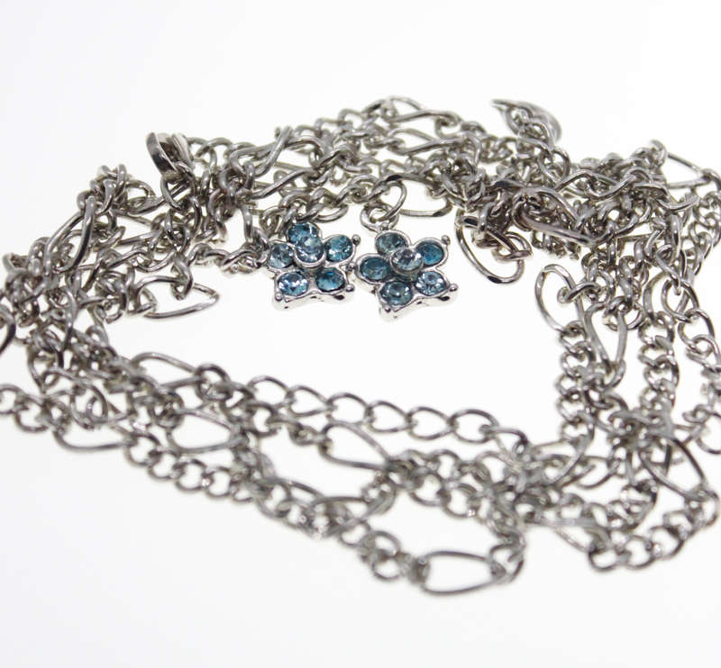 Necklace - Vintage Silver Tone chain with 2 Flower Charms with Blue Rhinestones - ML2434