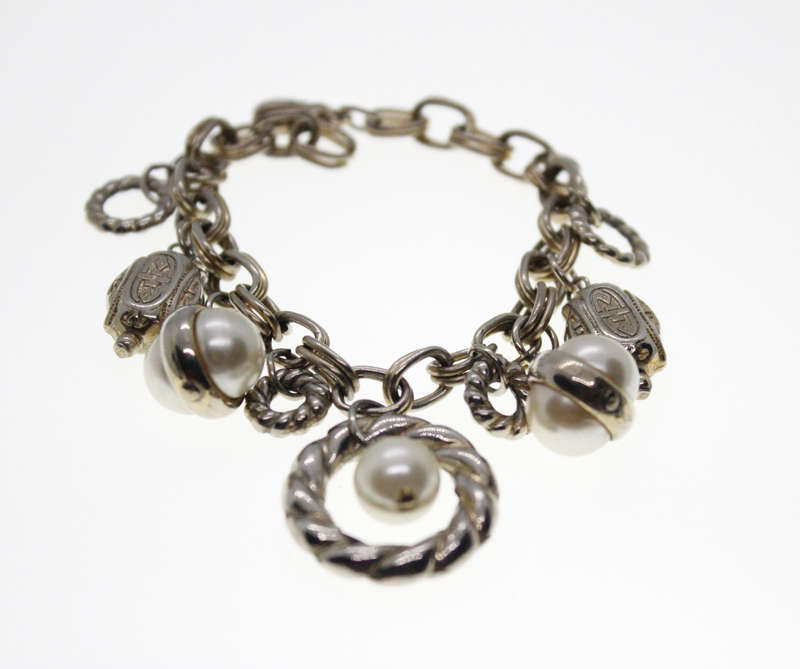 Bracelet - Vintage Silver tone Bracelet with Faux Pearls and Charms - ML2435