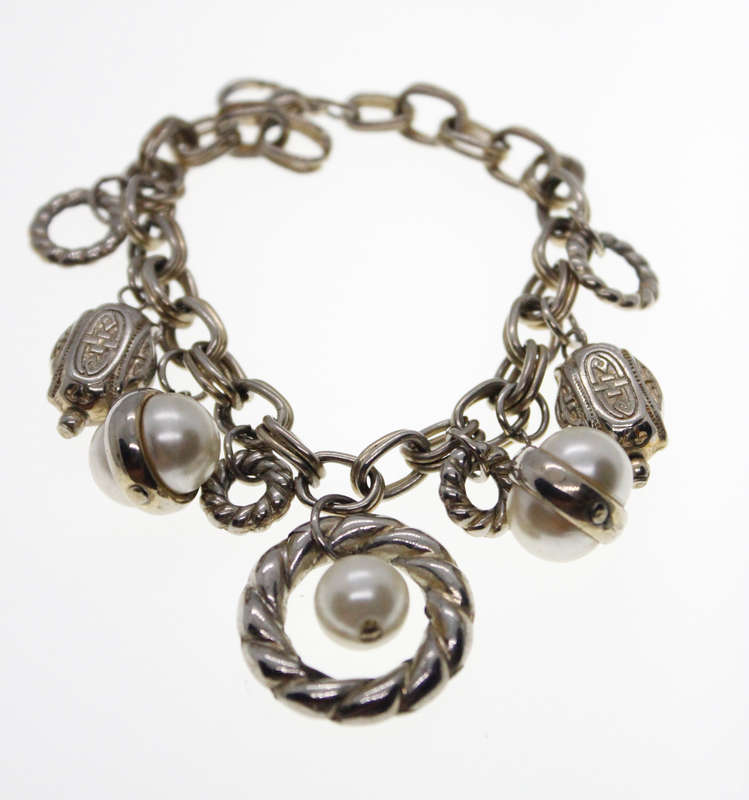 Bracelet - Vintage Silver tone Bracelet with Faux Pearls and Charms - ML2435