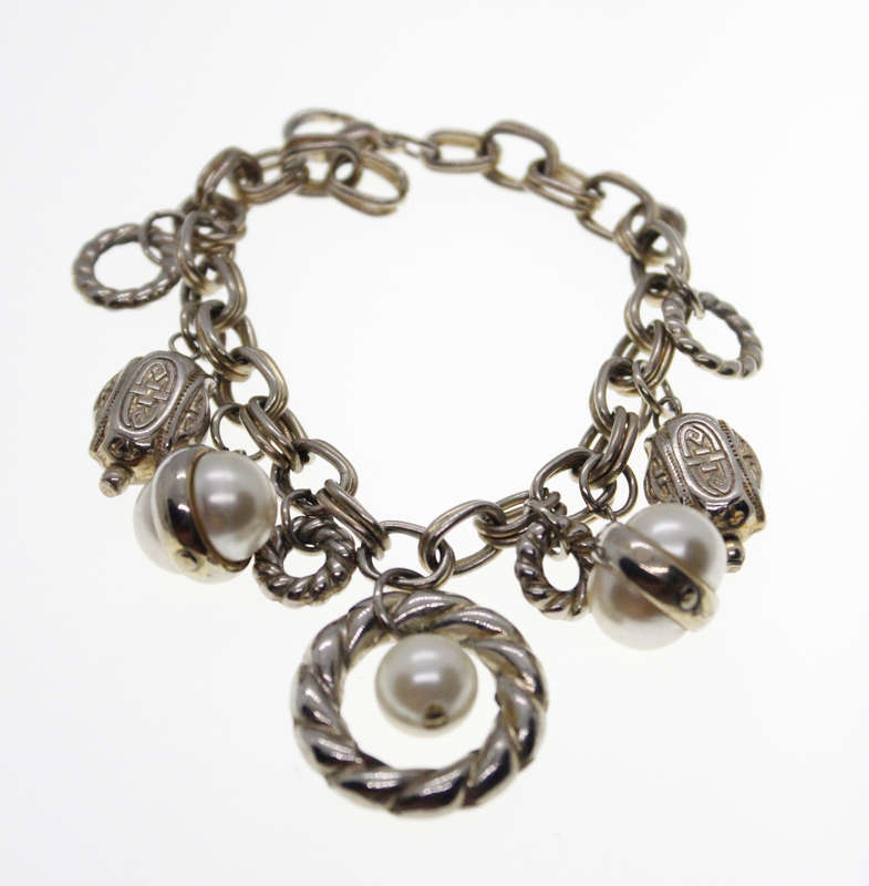 Bracelet - Vintage Silver tone Bracelet with Faux Pearls and Charms - ML2435