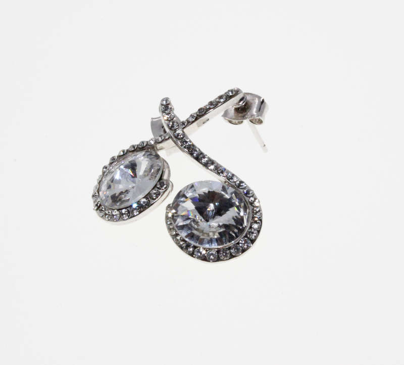 Earrings -Swirl type Silver Tone. Large Diamante with smaller Diamantes - ML2439