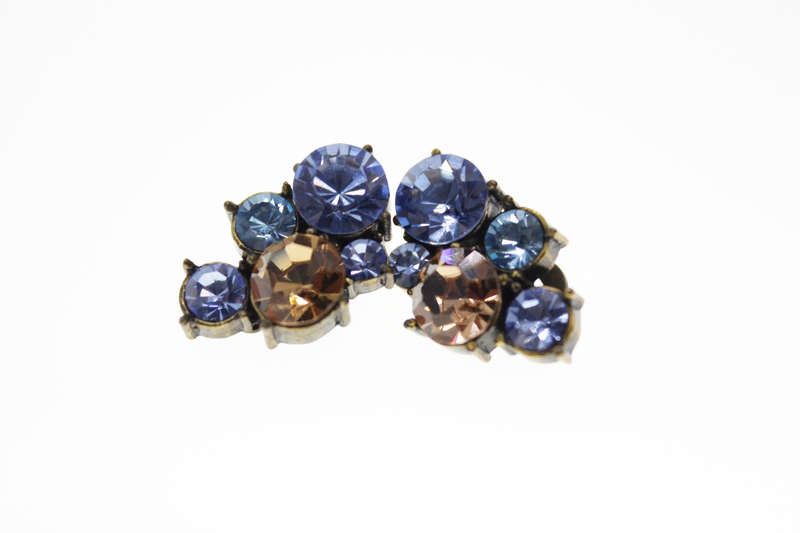 Earrings - Vintage Icy Blue Huggies. Clip Ons. Bronze Tone.  Diamantes with Brown Stone - ML2440