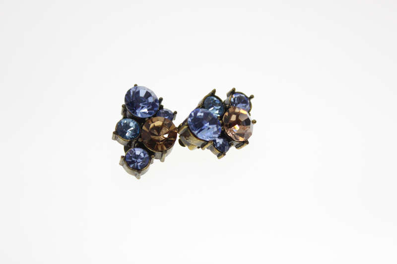 Earrings - Vintage Icy Blue Huggies. Clip Ons. Bronze Tone.  Diamantes with Brown Stone - ML2440