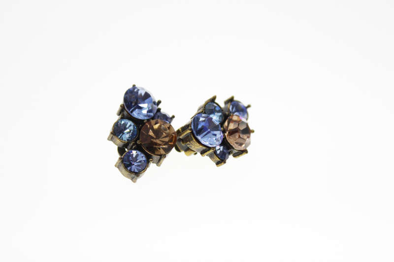 Earrings - Vintage Icy Blue Huggies. Clip Ons. Bronze Tone.  Diamantes with Brown Stone - ML2440