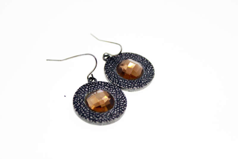 Earrings -  Vintage Engraved Design Metal Tone with large Brown  Diamante for Pierced Ears - ML2441