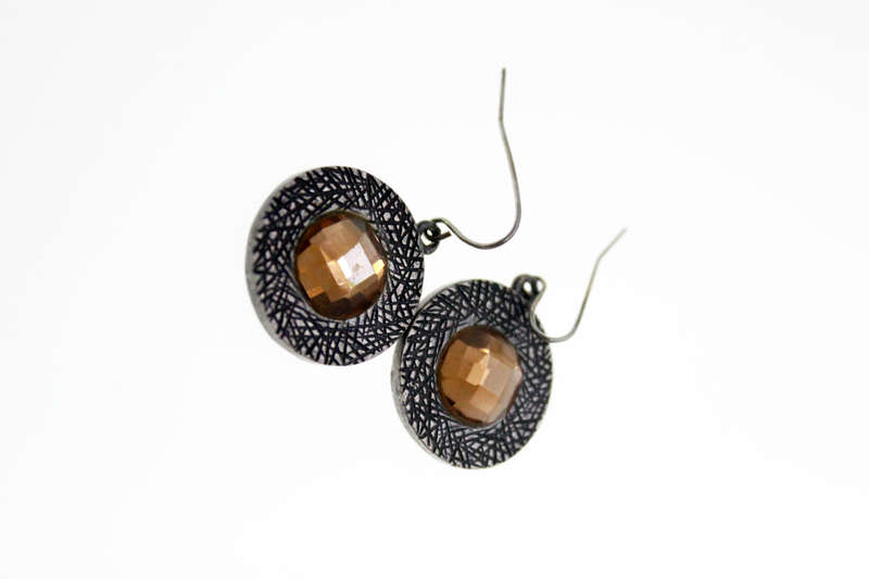 Earrings -  Vintage Engraved Design Metal Tone with large Brown  Diamante for Pierced Ears - ML2441