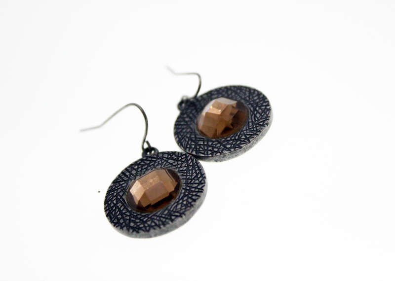 Earrings -  Vintage Engraved Design Metal Tone with large Brown  Diamante for Pierced Ears - ML2441