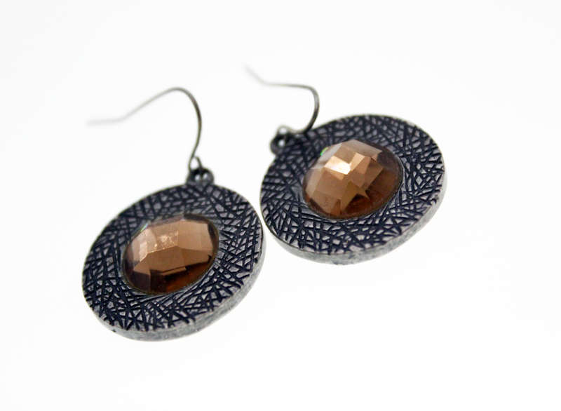 Earrings -  Vintage Engraved Design Metal Tone with large Brown  Diamante for Pierced Ears - ML2441