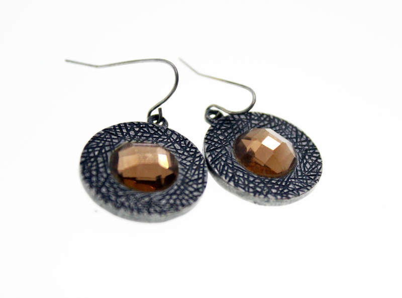 Earrings -  Vintage Engraved Design Metal Tone with large Brown  Diamante for Pierced Ears - ML2441
