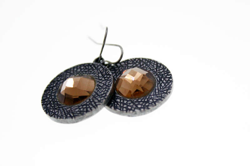 Earrings -  Vintage Engraved Design Metal Tone with large Brown  Diamante for Pierced Ears - ML2441