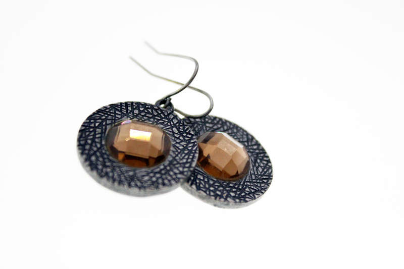 Earrings -  Vintage Engraved Design Metal Tone with large Brown  Diamante for Pierced Ears - ML2441