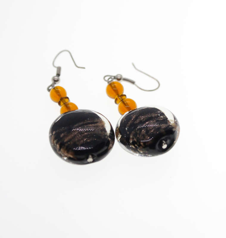 Earrings - Long Drop Fashion. Large Black Bead with Brown Glitter for Pierced Ears - ML2442