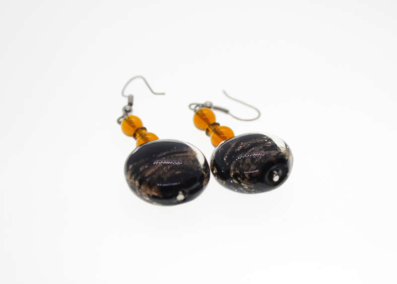 Earrings - Long Drop Fashion. Large Black Bead with Brown Glitter for Pierced Ears - ML2442