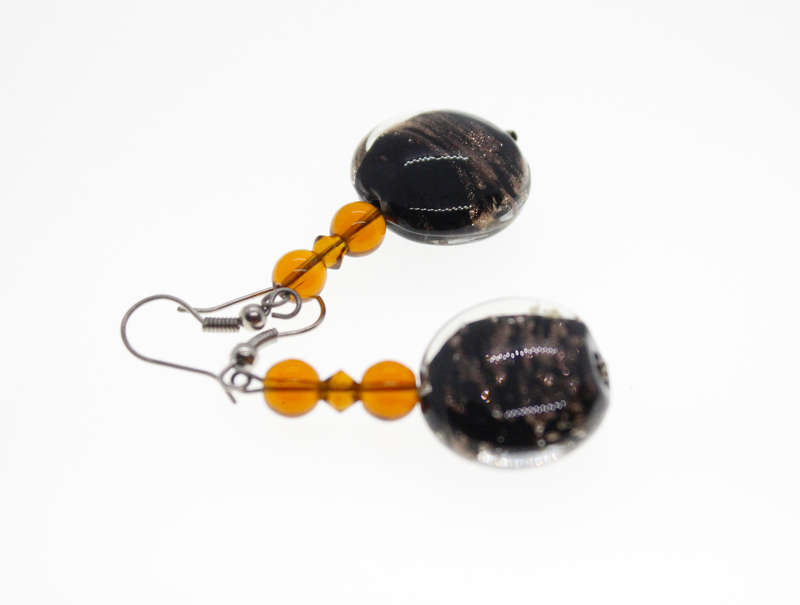 Earrings - Long Drop Fashion. Large Black Bead with Brown Glitter for Pierced Ears - ML2442