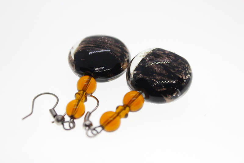 Earrings - Long Drop Fashion. Large Black Bead with Brown Glitter for Pierced Ears - ML2442