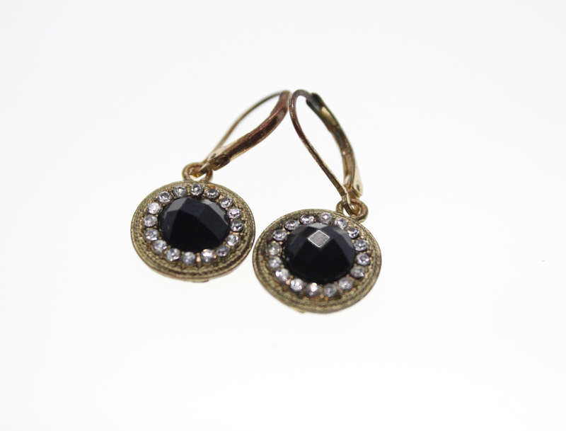 Earrings - Vintage Circular Earrings with Large Black Stone surrounded by Diamantes - ML2444