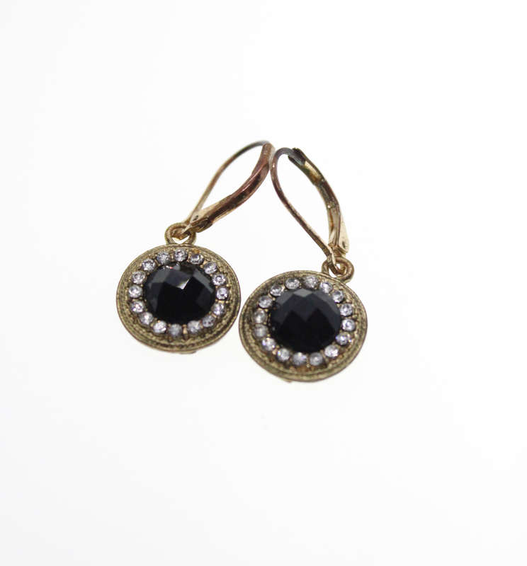 Earrings - Vintage Circular Earrings with Large Black Stone surrounded by Diamantes - ML2444