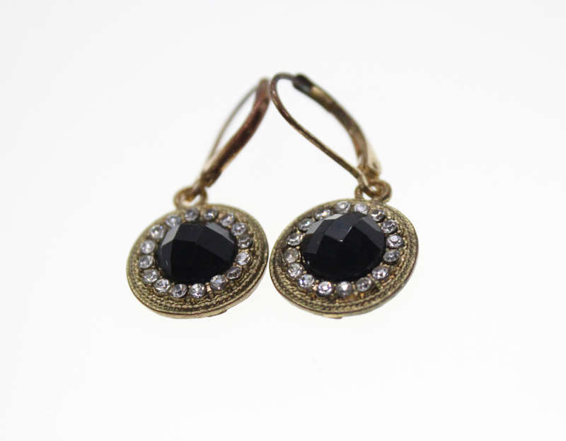 Earrings - Vintage Circular Earrings with Large Black Stone surrounded by Diamantes - ML2444