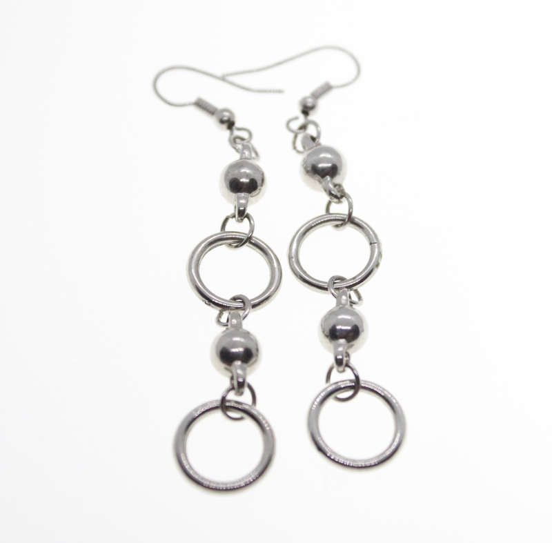 Earrings - Vintage Long Drop Circular Hanging Earrings Silver Tone - ML2445