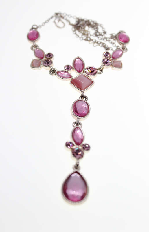 Necklace - Silver Tone Long Drop Necklace. Irregular shaped Pink Diamantes - ML2446