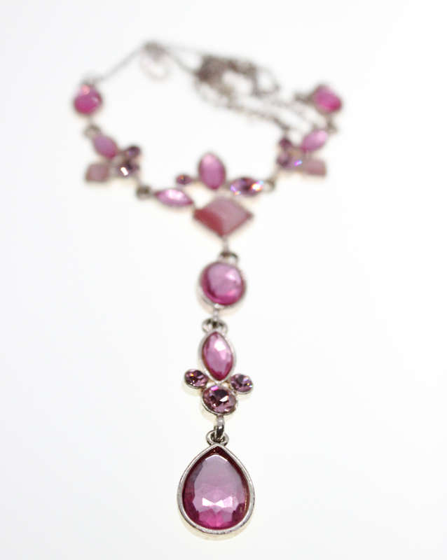 Necklace - Silver Tone Long Drop Necklace. Irregular shaped Pink Diamantes - ML2446