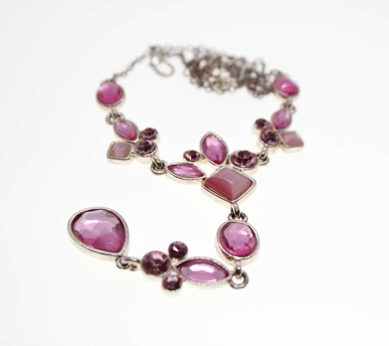 Necklace - Silver Tone Long Drop Necklace. Irregular shaped Pink Diamantes - ML2446