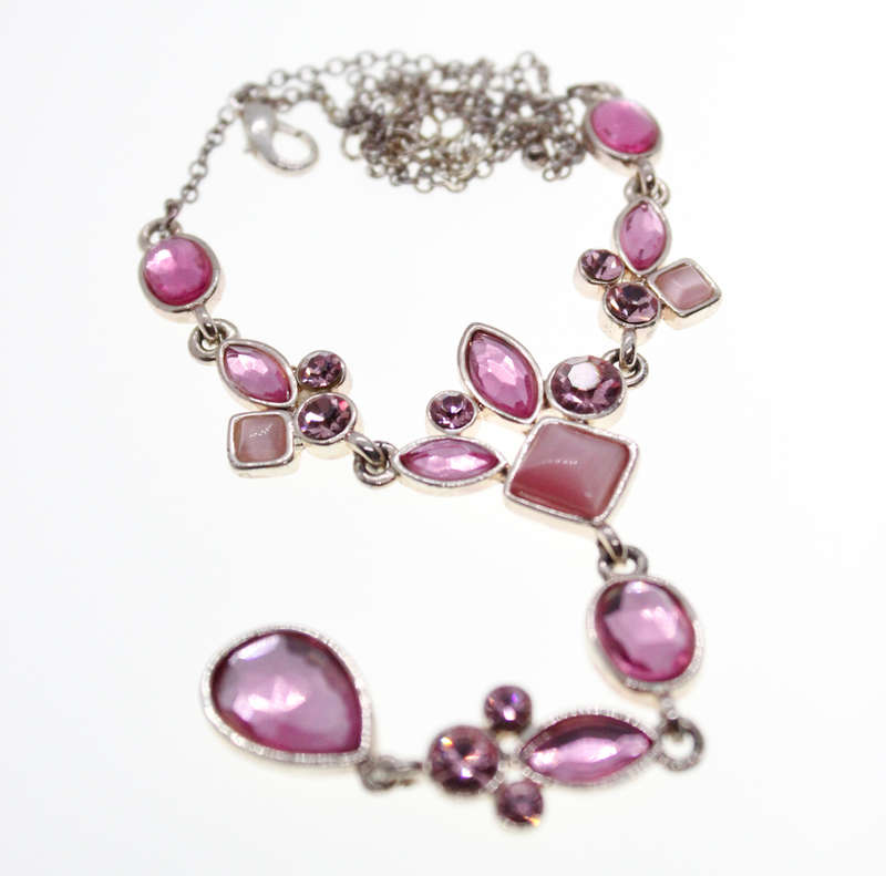Necklace - Silver Tone Long Drop Necklace. Irregular shaped Pink Diamantes - ML2446