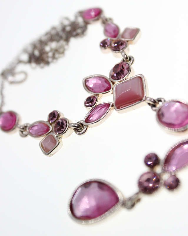 Necklace - Silver Tone Long Drop Necklace. Irregular shaped Pink Diamantes - ML2446