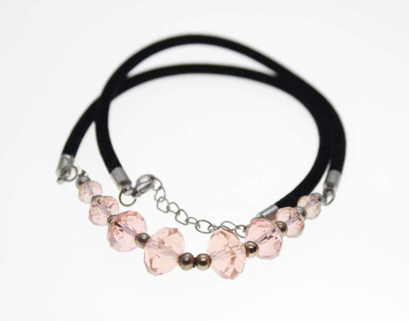 Necklace - Silver Tone. Suede Necklace with assorted sizes Pink Beads - ML2453