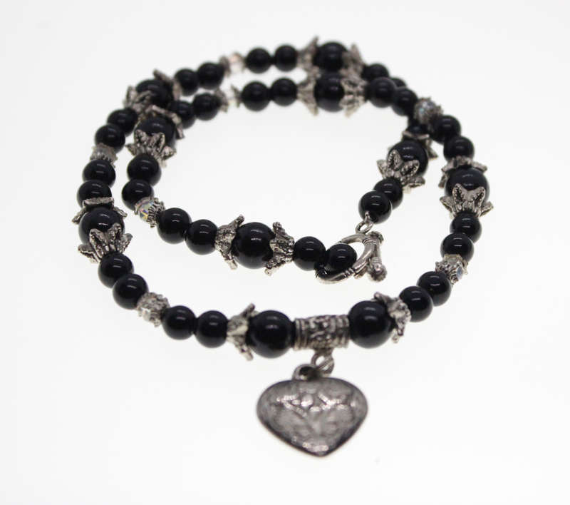 Necklace - Vintage Silver Tone Black Beaded Necklace with Heart and T-bar Clasp - ML2455