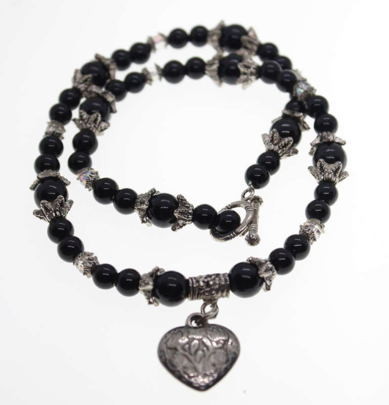 Necklace - Vintage Silver Tone Black Beaded Necklace with Heart and T-bar Clasp - ML2455