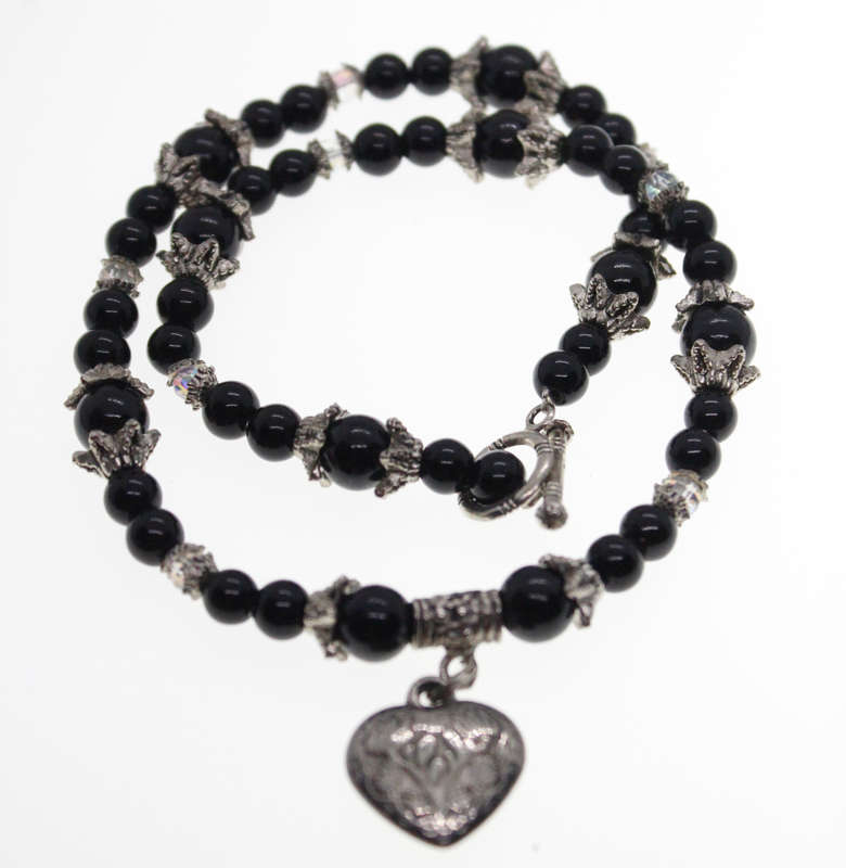 Necklace - Vintage Silver Tone Black Beaded Necklace with Heart and T-bar Clasp - ML2455