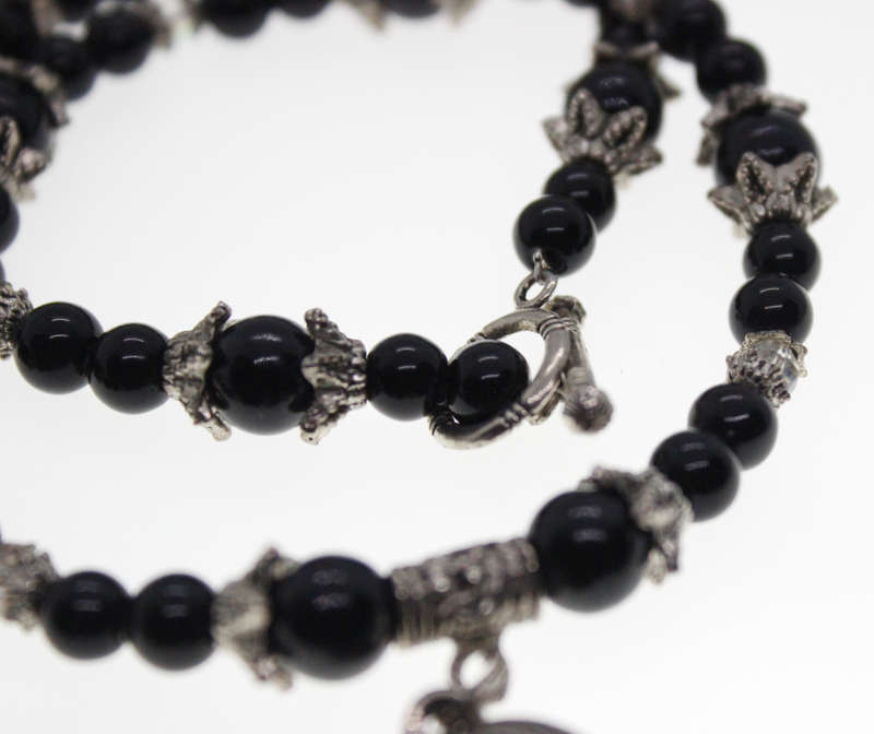 Necklace - Vintage Silver Tone Black Beaded Necklace with Heart and T-bar Clasp - ML2455