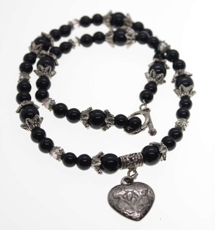 Necklace - Vintage Silver Tone Black Beaded Necklace with Heart and T-bar Clasp - ML2455