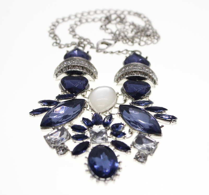 Necklace - Vintage Silver Tone Butterfly Style with Blue and Clear Stones - ML2456