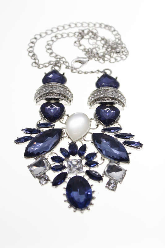 Necklace - Vintage Silver Tone Butterfly Style with Blue and Clear Stones - ML2456