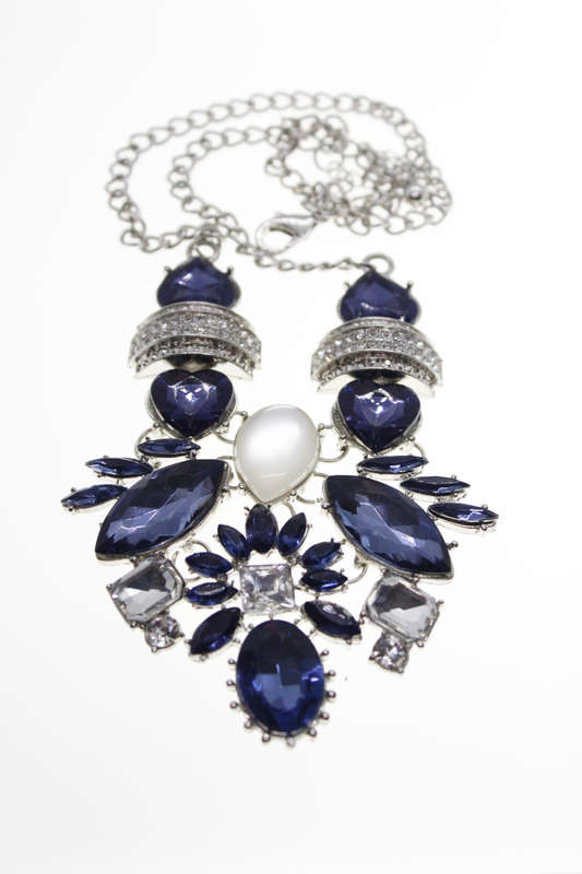 Necklace - Vintage Silver Tone Butterfly Style with Blue and Clear Stones - ML2456