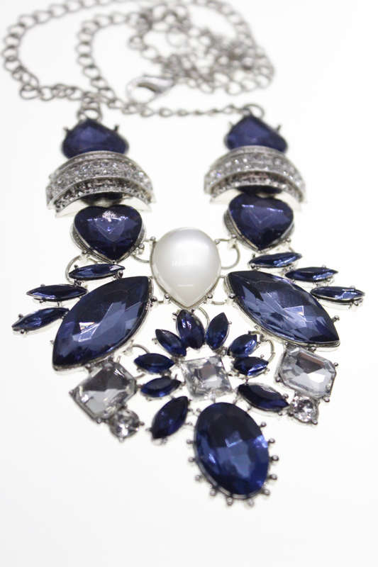 Necklace - Vintage Silver Tone Butterfly Style with Blue and Clear Stones - ML2456