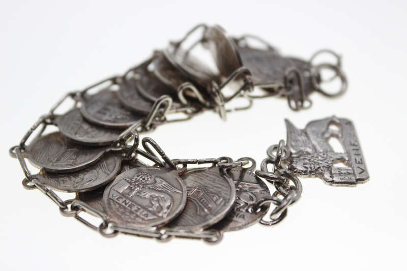 Bracelet - Vintage Silver Tone Venice Stamped Coin Bracelet - ML2461